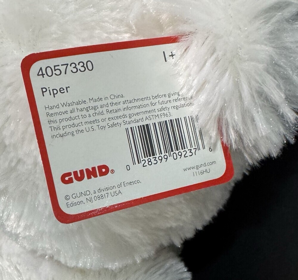 GUND 15" PIPER Bear Plush Toy Teddy White Red Bow Soft NWT - Picture 6 of 7